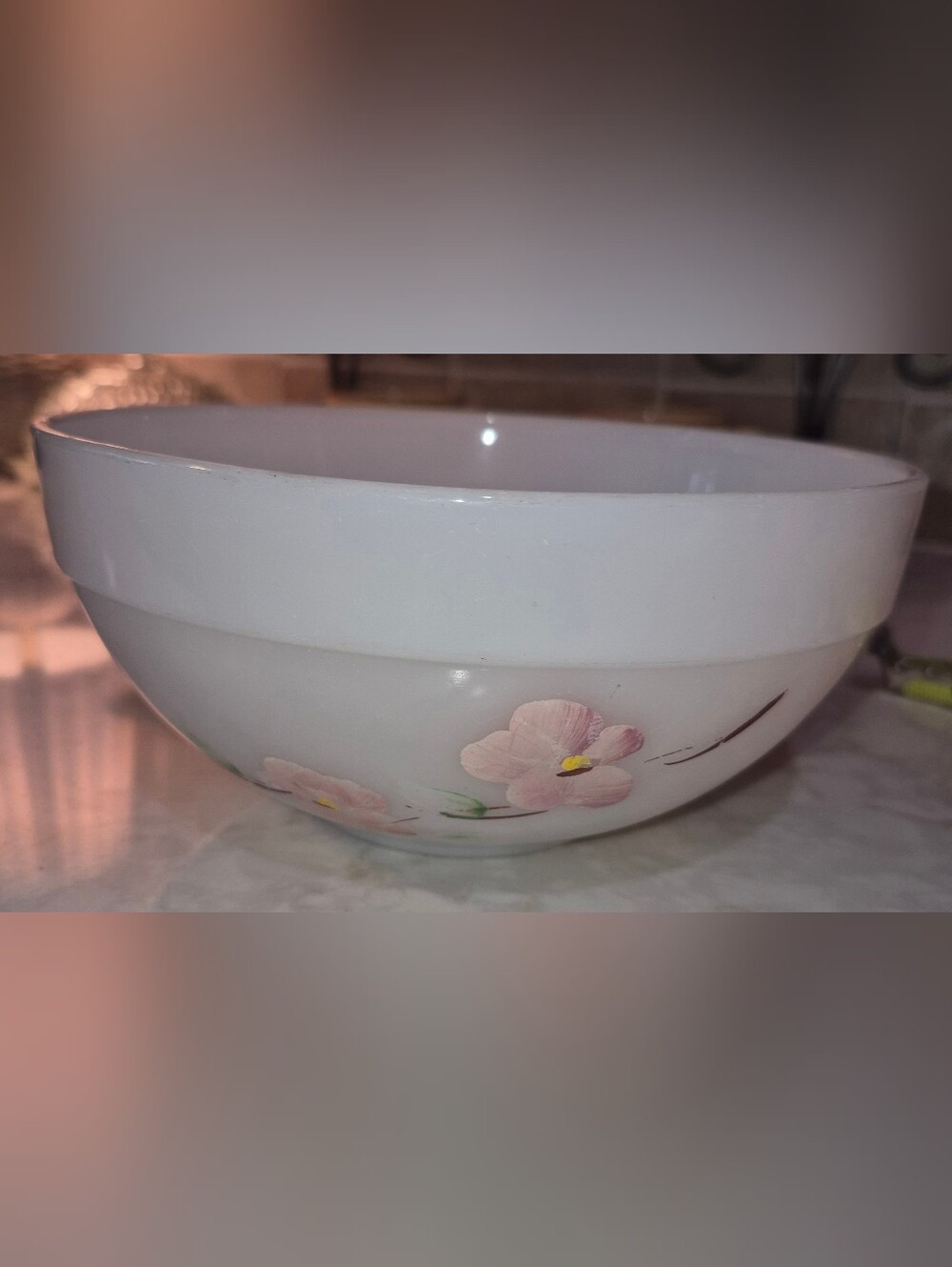 Vintage Fire King Milk Glass Bowl w/Painted Pink Floral Design 7 1/4" Diameter